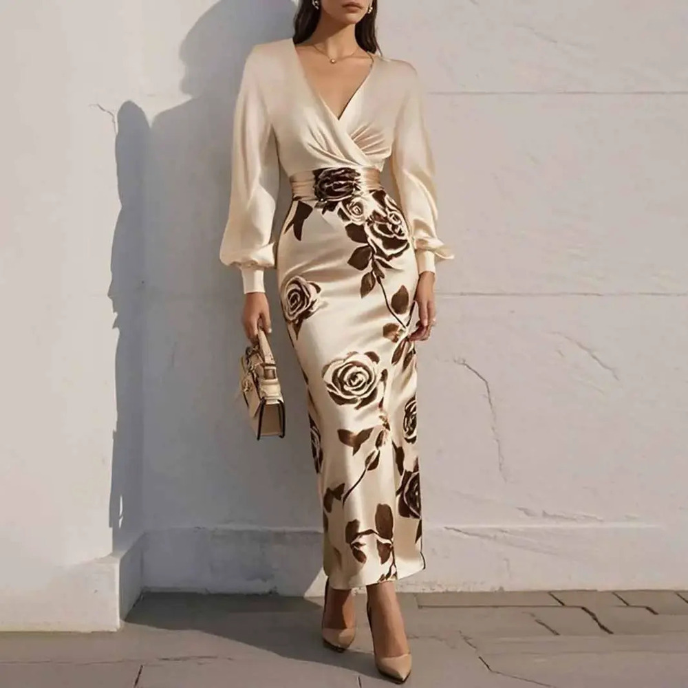 ZARA Satin Floral Print Long Sleeve Dress